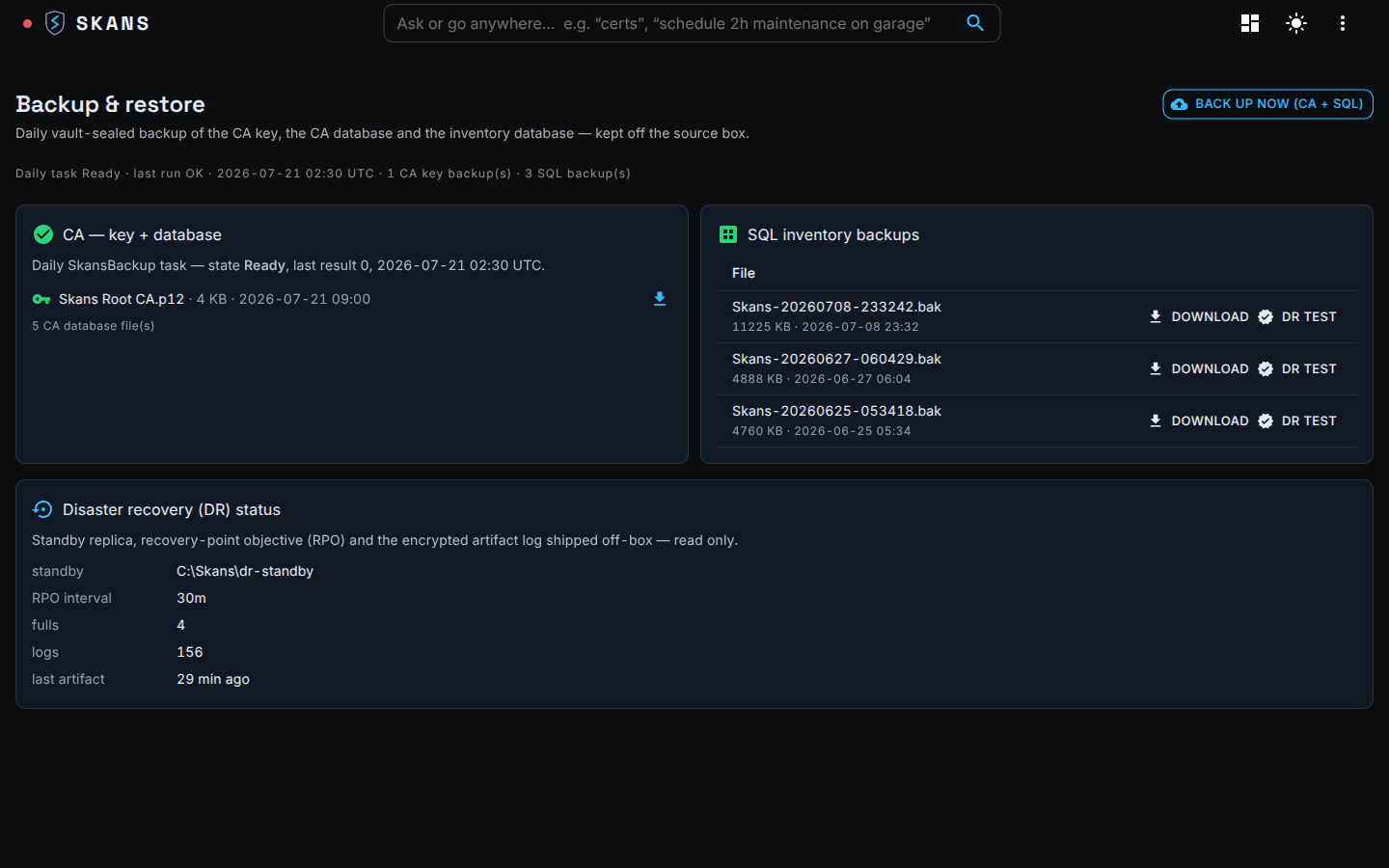 The Skans backup and recovery view — the restore-point catalog with CA key, database and directory points, off-box target status, and read-only restore-verify.