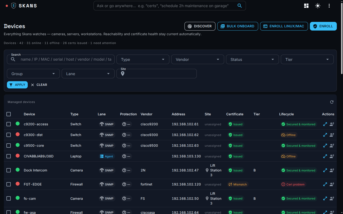 The Skans console device inventory — cameras, switches and firewalls with certificate status and capability tiers